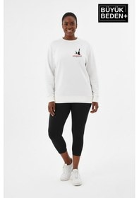 Resim Süperlife Kadın Büyük Beden Yelken Baskılı Bisiklet Yaka İnce Sweatshirt Spr26bswk956-11 Ekru 