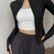 Resim Kadınlar için İnceltici Siyah Polyester Yoga Ceketi - Rahat Yaka, Esnek & Hafif, Fitness & Günlük Kıyafet için Mükemmel, Makinede Yıkanabilir 