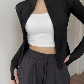 Resim Kadınlar için İnceltici Siyah Polyester Yoga Ceketi - Rahat Yaka, Esnek & Hafif, Fitness & Günlük Kıyafet için Mükemmel, Makinede Yıkanabilir 