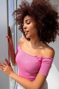Resim la & vetta Şeker Pembe Örme Carmen Yaka Crop Bluz 