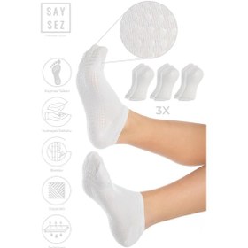 Resim Saysez Bambu Kadın Kaydırmaz Beyaz Taban Silikon Baskı Pilates Yoga Fitness Dans Aktivite Patik Çorabı 3'lü Renkli 
