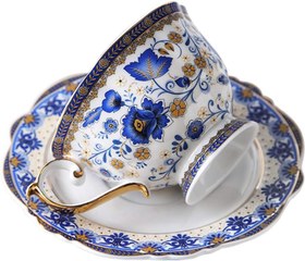 Resim Çiçek Bone China Çay Fincanı, 200 ml, Porselen Vintage Fincan ve Tabak - Kırmızı 