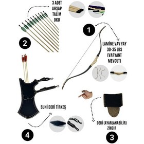 Resim Geleneksel Okçuluk Lamine 'vav' Set- Vav Yay + 3 Ok + Zihgir + Tirkeş 