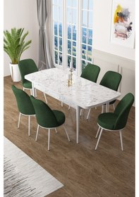 Resim Canisa Zen Serisi 80x132 Mdf Açılabilir Beyaz Mermer Desen Masa Takımı Ve 6 Haki Yeşil Sandalye Masa Beyaz Mermer Desenli Sandalyeler Haki Yeşili 