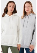 Resim Lela Regular Fit Pamuklu Kapüşonlu Yaka Şardonlu Kışlık 2'Li Paket Bayan Sweat 5863854S2 Gri Melanj-Ekru 