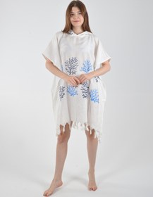 Resim CASPARA Kadın Mavi Mercan Desen Panço I Pamuklu Mavi Viscon Kumaş I Plaj Giyim Pareo Beachwear 
