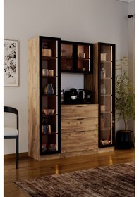 Resim Sierra Temperli Cam 4 Kapaklı Ledli Kahve Köşesi Mutfak Kiler Dolabı Çam Atlantik Çam 