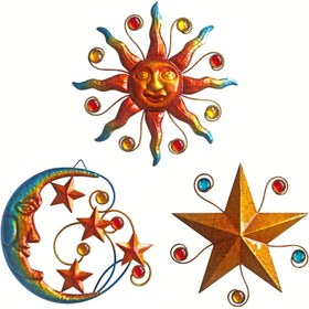 Resim Güneş Enerjili Metal Dış Mekan Duvar Sanatı - Güneş, Ay ve Yıldızlar Dekoru Renkli Dişli ve Taşlarla, Hava Koşullarına Dayanıklı Bahçe Süsü, Patio, Balkon veya Bahçe için, Güneş Enerjili Dış Mekan Dekoru 