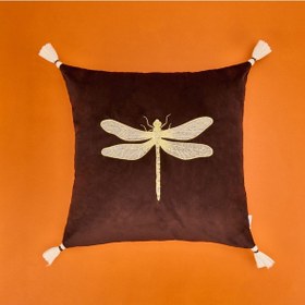 Resim Soft Yusufçuk Desenli Kadife Kırlent - Kahverengi - 43x43 Cm Çok Renkli 