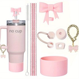 Resim 40oz/30oz Termos Bardak Aksesuarları Seti, İçerir 2 Adet Simli Pipet ve 1 Adet Fırça, 1 Adet Kurdeleli Pipet Kapağı, 3 Adet Dökülmeyi Önleyici Tıpa, 1 Adet Silikon Bot, 1 Adet Kurdeleli Zincir Süsü, Dış Mekan Aktiviteleri için Mükemmel 