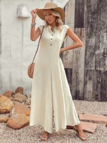 Resim Nova Bazaar Kadın Kısa Kollu Önden Düğmeli Paçaya Doğru Geniş Cepli Uzun Bürümcük Tulum Bej 