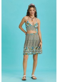 Resim Çiçekli Sulu Kumaş Beli Lastikli Mini Etek 001 