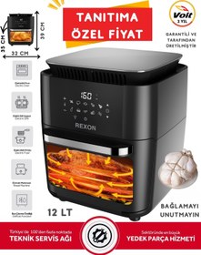 Resim Rexon Xxl AirFryer Yağsız Fritöz Tavuk Çevirme Izgara 360° Dönüş 12 LT Kapasite 7 Farklı Aparat SİYAH 