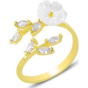 Resim Gümüş Altın Yaldızlı Sedef Taşlı Yapraklı Manolya Çiçeği Yüzük. 