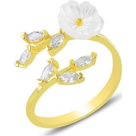 Resim Gümüş Altın Yaldızlı Sedef Taşlı Yapraklı Manolya Çiçeği Yüzük. 