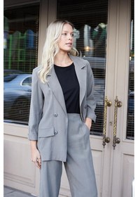 Resim Jument Kadın İpeksi Dokulu Modal Kumaş Yakalı Cep Kapaklı Oversize Salaş Blazer Ceket-antrasit 