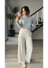 Resim Beyaz Tensel Kumaş Beli Lastikli Pantolon Beyaz 