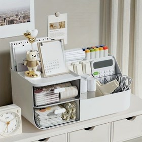 Resim Büyük Kapasiteli Beyaz Plastik Masa Düzenleyici Çekmeceli - Modern Minimalist Tasarım, Kalem, Kalem, Makas ve Ofis Malzemeleri için Çoklu Bölme Depolama, Takvim ve Termometre Dahil, Ev veya Ofis Kullanımı için Mükemmel, Ofis Malzemeleri ve Aksesuarları 