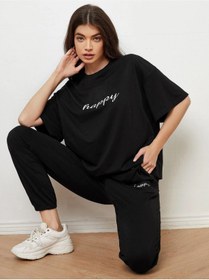 Resim Mythologie Happy Eşofman Altı Ve T-shirt - Siyah Jogger Tişört Alt Üst Eşofman Takımı Oversize Bisiklet Yaka 