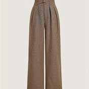 Resim Kadınların Şık Kahverengi Ekose Geniş Bacaklı Pantolonları Düğme ve Fermuar ile - Yüksek Bel, Polyester, Makinede Yıkanabilir, Şık Kare Tasarım, Tüm Mevsim Giyim, Rahat Kıyafet|Şık Geniş Bacaklı Pantolonlar|Polyester Kumaş 