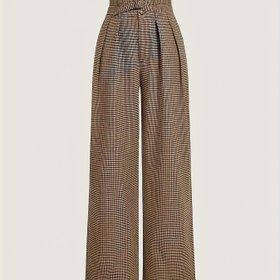 Resim Kadınların Şık Kahverengi Ekose Geniş Bacaklı Pantolonları Düğme ve Fermuar ile - Yüksek Bel, Polyester, Makinede Yıkanabilir, Şık Kare Tasarım, Tüm Mevsim Giyim, Rahat Kıyafet|Şık Geniş Bacaklı Pantolonlar|Polyester Kumaş 