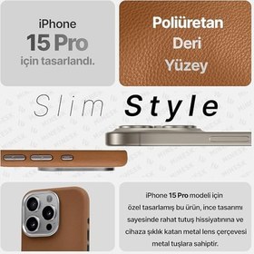 Resim Minesk iPhone 16 Pro için MagSafe ile Uyumlu Çizilmeyen ve Parmak İzi Tutmayan Deri Görünümlü Metal Tuşlu ve Metal Lens Çerçeveli Hybrid Silikon Kılıf (Taba, 16 Pro) 