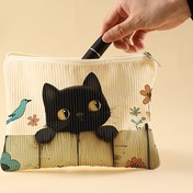 Resim Şirin Siyah Kedi Desenli Korduroy Kozmetik Çantası, Polyester, Kokusuz, Çok İşlevli Makyaj Organizatör Çantası, Tuvalet Malzemeleri ve Aksesuarlar İçin Fermuarlı Astarlı 