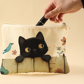 Resim Şirin Siyah Kedi Desenli Korduroy Kozmetik Çantası, Polyester, Kokusuz, Çok İşlevli Makyaj Organizatör Çantası, Tuvalet Malzemeleri ve Aksesuarlar İçin Fermuarlı Astarlı 