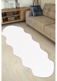 Resim Balat Halı Dekoratif Beyaz Peluş Yolluk Floki Dalga Desenli Halı 