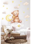 Resim MSticker Ayda Oturan Ayıcık Yıldızlar Ve Ay Çocuk Bebek Odası Duvar Sticker Seti 