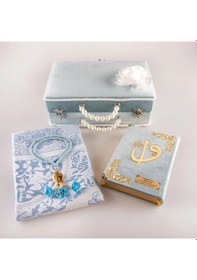 Resim Boncuklu Kutu Çeyizlik, Seccade + Tesbih + Kuran Hediye Seti Çanta Boy, Mavi 