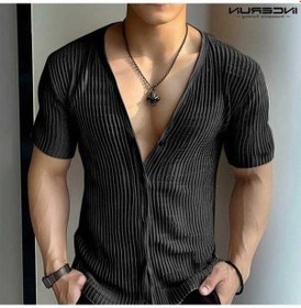 Resim Yingfu 2024 Erkek Derin V Yaka Çizgili Kısa Kollu Bluz, Siyah Renkli, Black Modası Siyah 