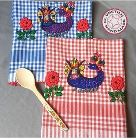 Resim Uretti - Pınar 6788 9651 El Yapımı 2' Li Şahmaran İşlemeli Nakışlı Koton Kurulama Bezleri Kırmızı 