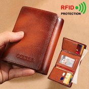 Resim Vintage Erkek Gerçek Deri Cüzdanı, RFID Engelleme Özellikli Kısa Katlanır Üst Katman Dana Derisi Cüzdanlar, 2 Kimlik Penceresi ve 7 Kredi Kartı Yuvası, Ona Hediye 