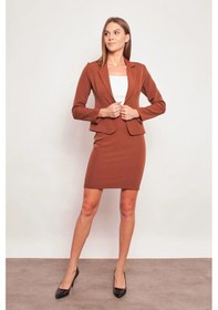 Resim Yakalı Flato Cepli Uzun Kol Pamuklu Kumaş Hafif Likralı Kısa Blazer Ofis Ceket-koyu Taba K.taba 