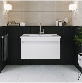 Resim Banos Ld3 Ayaksız 2 Kapaklı Lavabolu Beyaz 85 Cm Banyo Dolabı Beyaz 