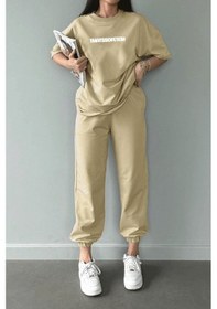 Resim Thatssofetch T-shirt Eşofman Altı Jogger - Bej Baskı Alt Üst Eşofman Takımı Oversize Bisiklet Yaka Bej 