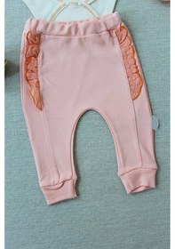 Resim 3-6 6-9 9-12 Ay Hello Nakışlı Kruvaze Bandanalı Uzun Kollu Zıbınlı 3lü Kız Bebek Takımı Somon Somon 