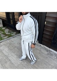 Resim Erkek Çift Şeritli Eşofman Takım Dik Yaka Fermuarlı Sweatshirt Boru Paça Alt, Oversize 3 Iplik Pamuklu - Beyaz Beyaz 