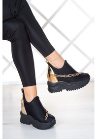Resim Erkan Saçmacı Maggie Siyah Streç Altın Zincirli Gizli Dolgu Günlük Ayakkabı 