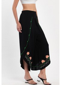 Resim Maxi Boy Siyah Nakış İşlemeli Viscon Dokuma Şalvar Pantolon Bcvl-251003 Çok Renkli 