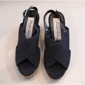 Resim Butik Tülin Kadın Hakiki Deri Süet Lacivert Enli Çapraz Bantlı Hasır Dolgu Topuklu Sandalet 