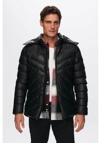 Resim D'S Damat Slim Fit Su İtici Rüzgar Geçirmez Elyaf Dolgulu Deri Görünümlü Çıkarılabilir Kapüşonlü Erkek Mont 1HF07ORT01910 Siyah 