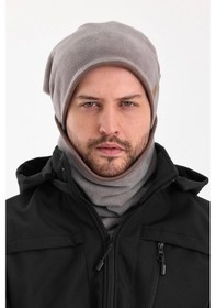 Resim Hünkar Sytle, Çift Renk Çift Kat Katlanabilir Yumuşak Erkek Bere Boyunluk Takım - Standart / Gri-kahverengi Gri-kahverengi 