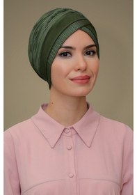 Resim Hürrem Bone Haki Pratik Hazır Geçmeli Tesettür Bone Fukuro Piliseli Tek Bantl Haki 