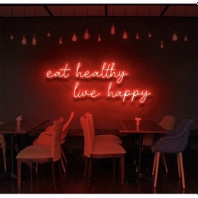 Resim Eat Healthy Live Happy Yazılı Neon Tabela Kırmızı 