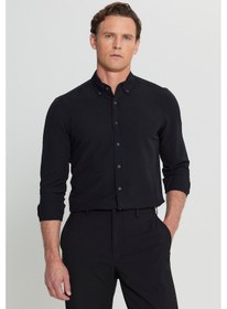 Resim AC&Co / Altınyıldız Classics Erkek Sıyah Slim Fit Dar Kesim Düğmeli Yaka Armürlü Gofre Desenli Gömlek Siyah 