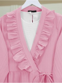Resim MODAQU Yaka Fırfırlı Yan İp Bağlamalı Kimono - Pembe 