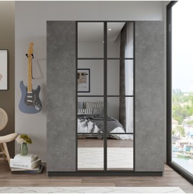 Resim Yurudesign New Home 4 Kapaklı Çekmeceli Aynalı Gardırop Elbise Dolabı Beton Hm2-rg 