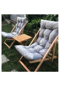 Resim Reyo Bysay Ahşap Katlanabilir Taşınır Puf Minderli Şezlong Balkon Sandalyesi Takımı 3 Lü Set Gri 